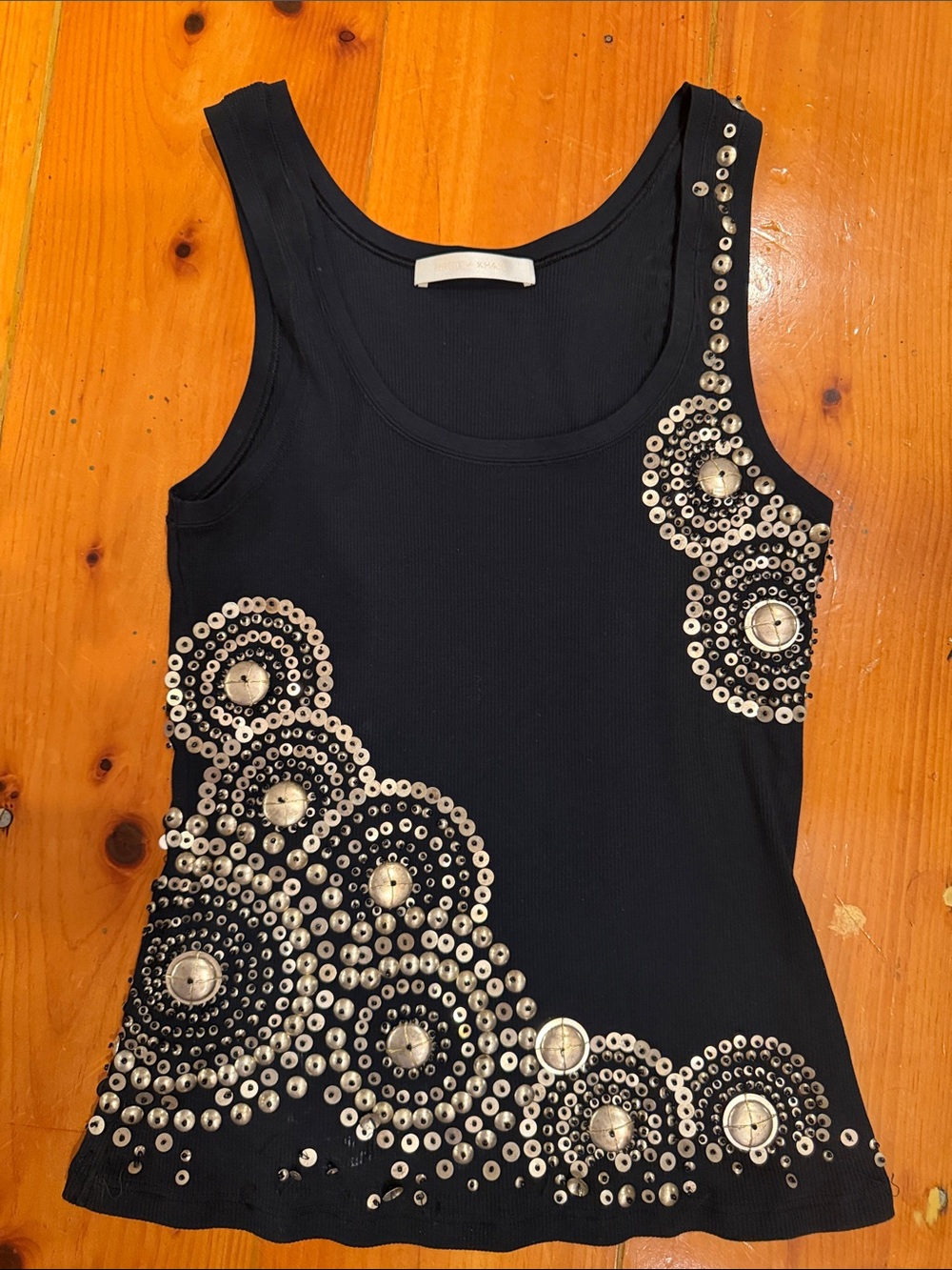 Naeem Kahn Black Embellished Tank Top with gold/Silver metal medallions.  Size S